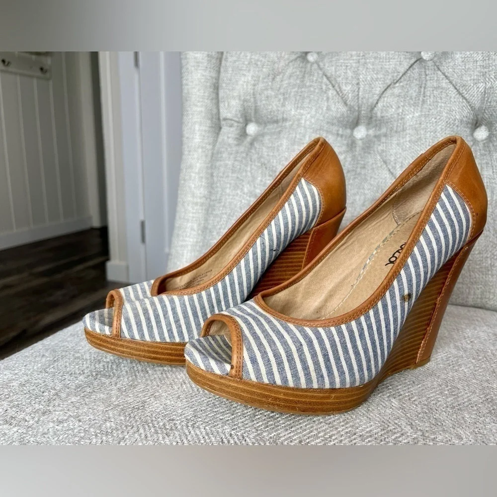 Splendid Striped Blue Wedge Sandals Womens Size 8 Leather Nautical